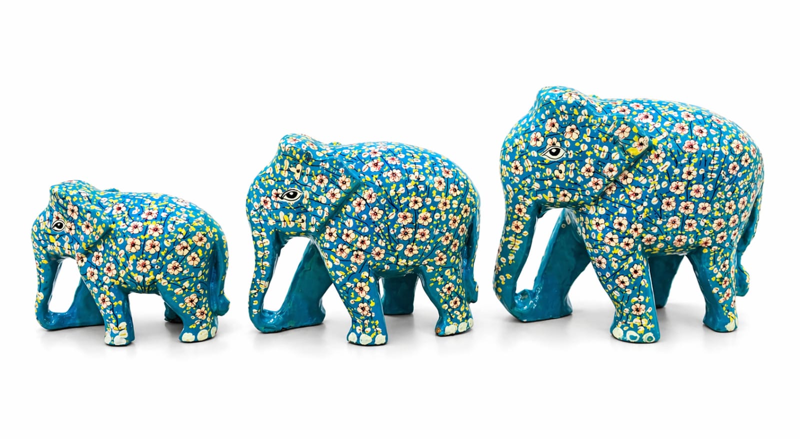 Hand Painted Elephant Family Set , Wooden Elephant set , hand painted paper mache sculpture from Kashmir .